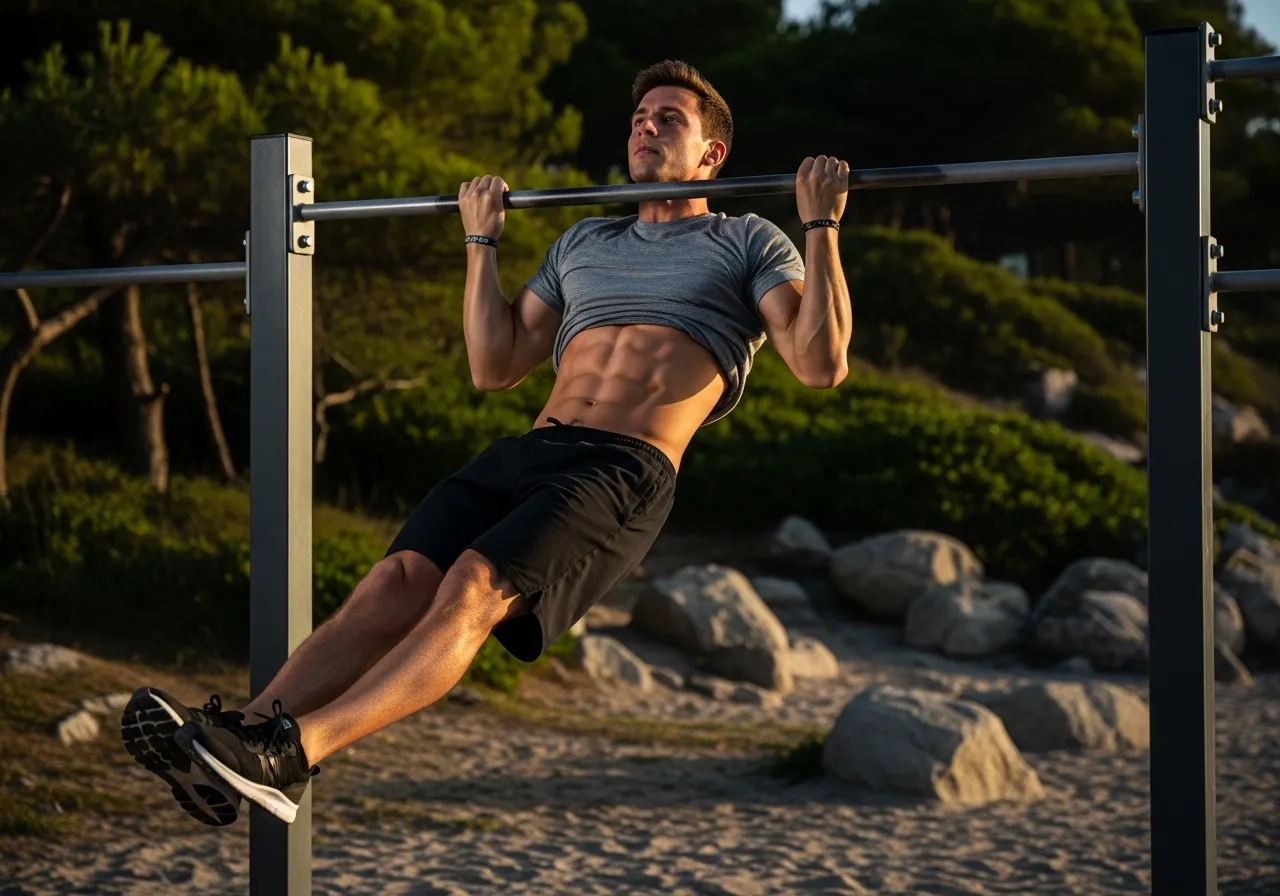 athletic person performing muscle-up on pull-up bar outdoors, calisthenics bodyweight training, impressive strength display, professional sports photography natural light