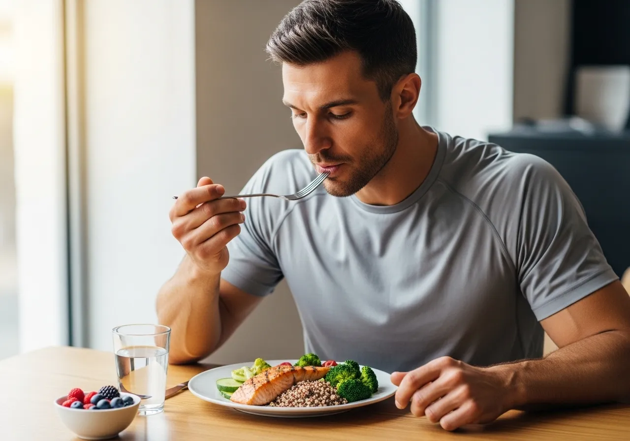 balanced post-workout meal showing grilled chicken brown rice mixed greens and tomatoes for recovery without overeating, professional food photography
