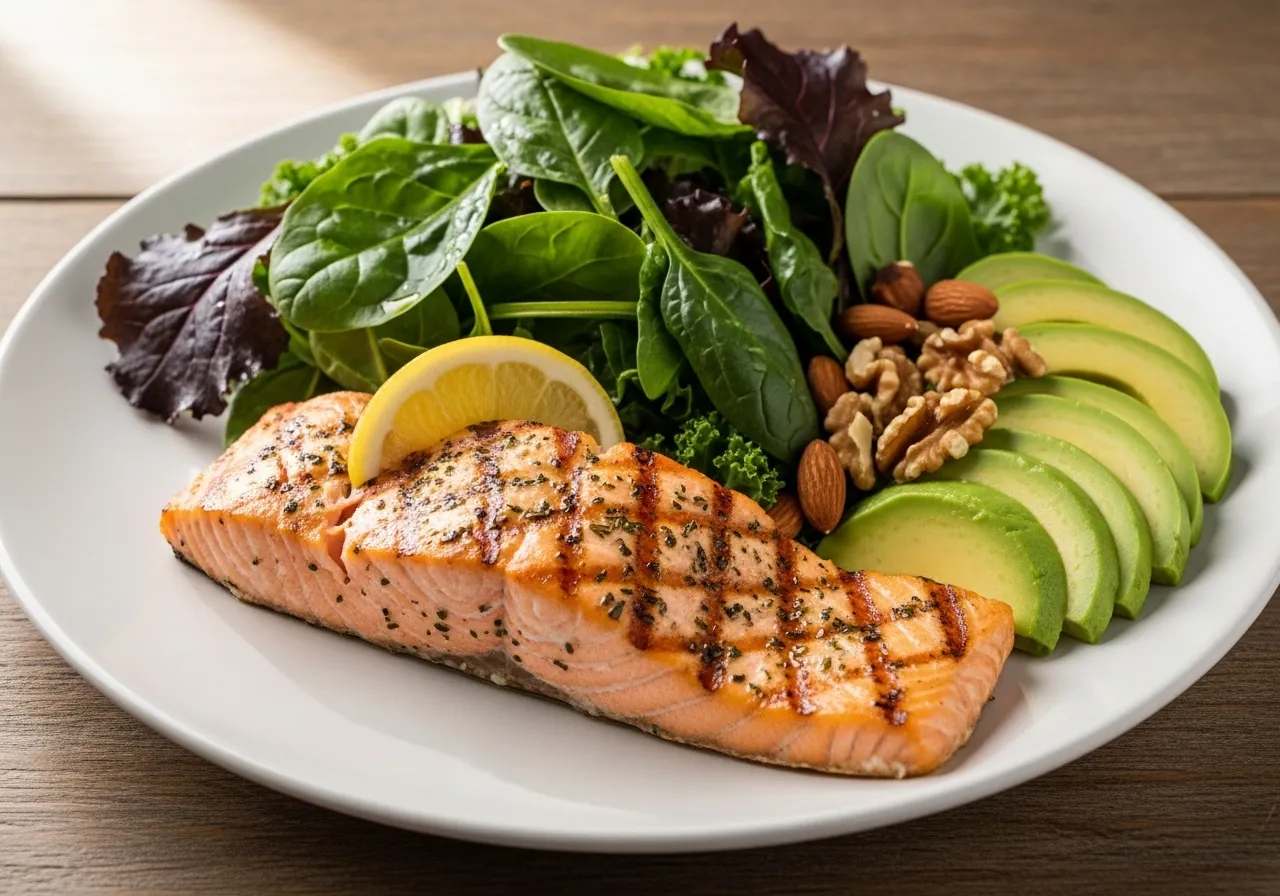 balanced testosterone-supportive whole foods meal plate with salmon spinach and nuts