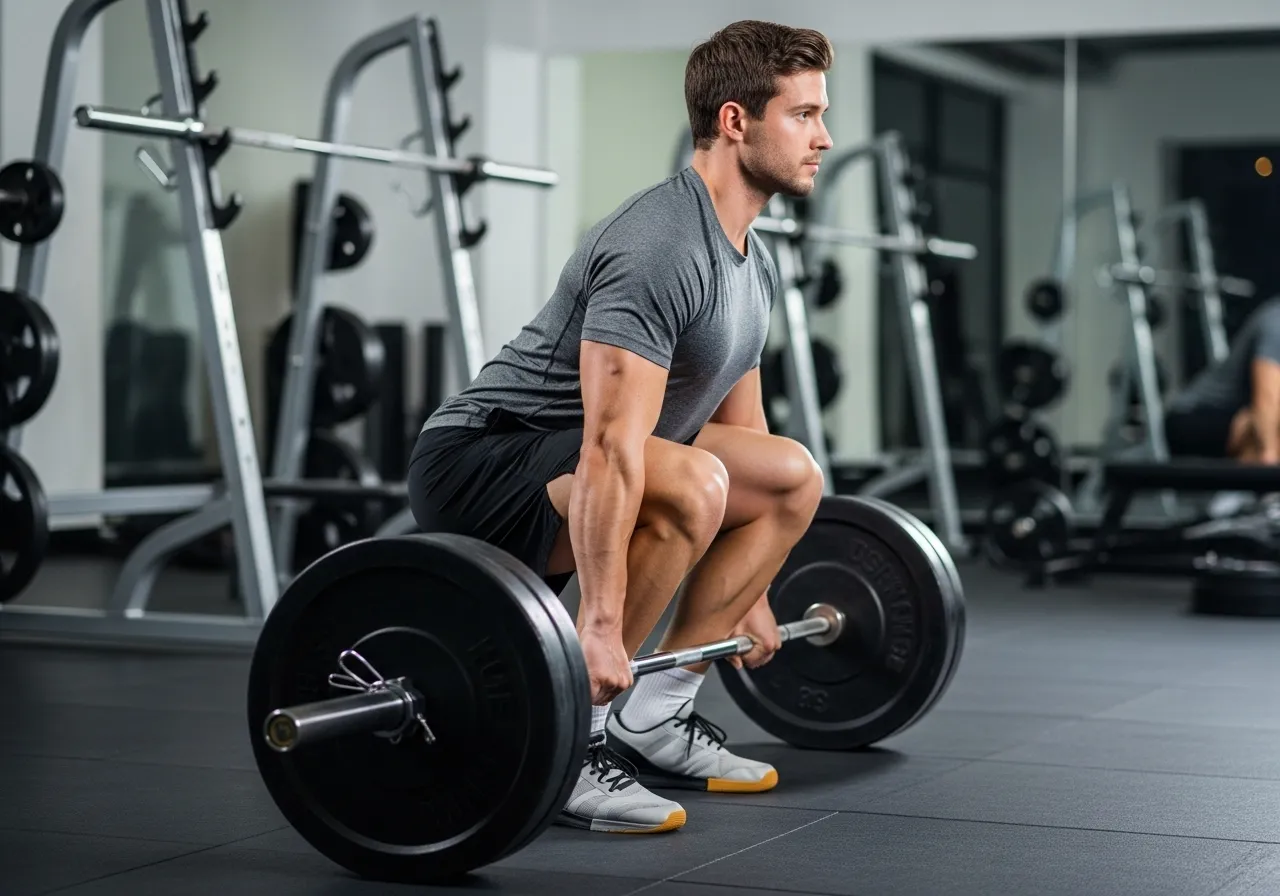 beginner athlete learning deadlift setup in gym with coach showing correct bar position foot placement professional fitness coaching photography
