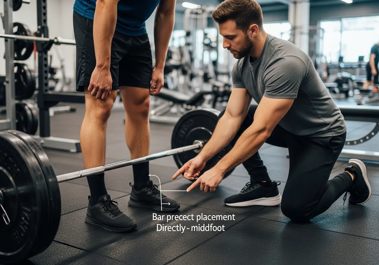 beginner athlete learning proper deadlift form with barbell in gym, coach supervising correct technique, professional fitness photography