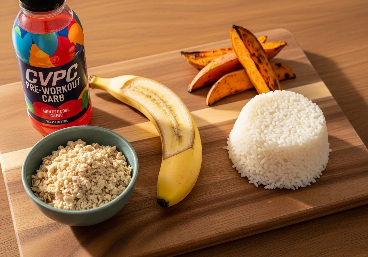 best pre-workout carb foods ranked on wooden board — oats banana sweet potato white rice