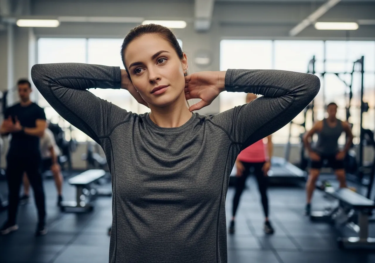 cervical mobility exercises and strengthening to prevent neck pain, professional fitness photography, natural gym lighting, high-detail, sharp focus, photorealistic, authentic and motivating atmosphere
