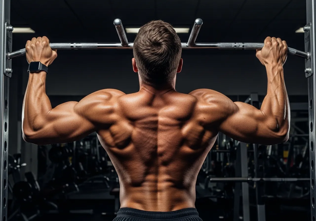 clean anatomical illustration of back muscles highlighting latissimus dorsi in detail, educational fitness anatomy diagram professional style