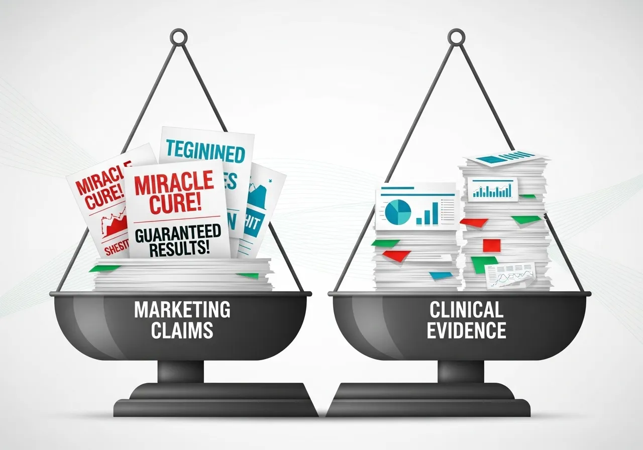 clinical research scale showing fat burner evidence versus marketing claims gap