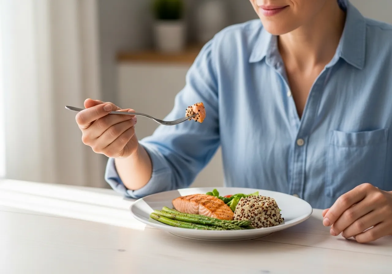collection of high-protein low-calorie foods arranged on wooden board eggs chicken breast Greek yogurt chickpeas, professional food photography