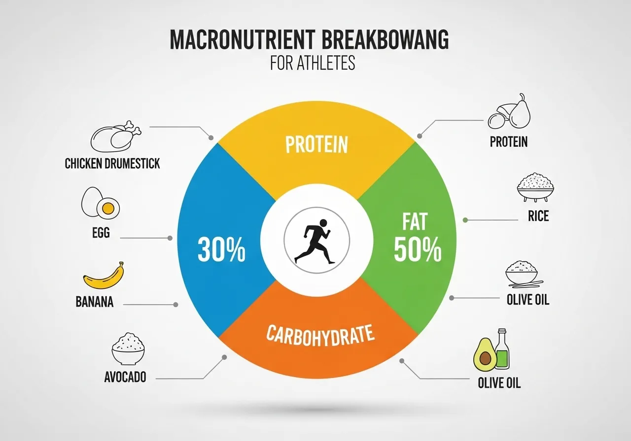 colorful macronutrient breakdown diagram showing protein carbs and fat proportions for athletes