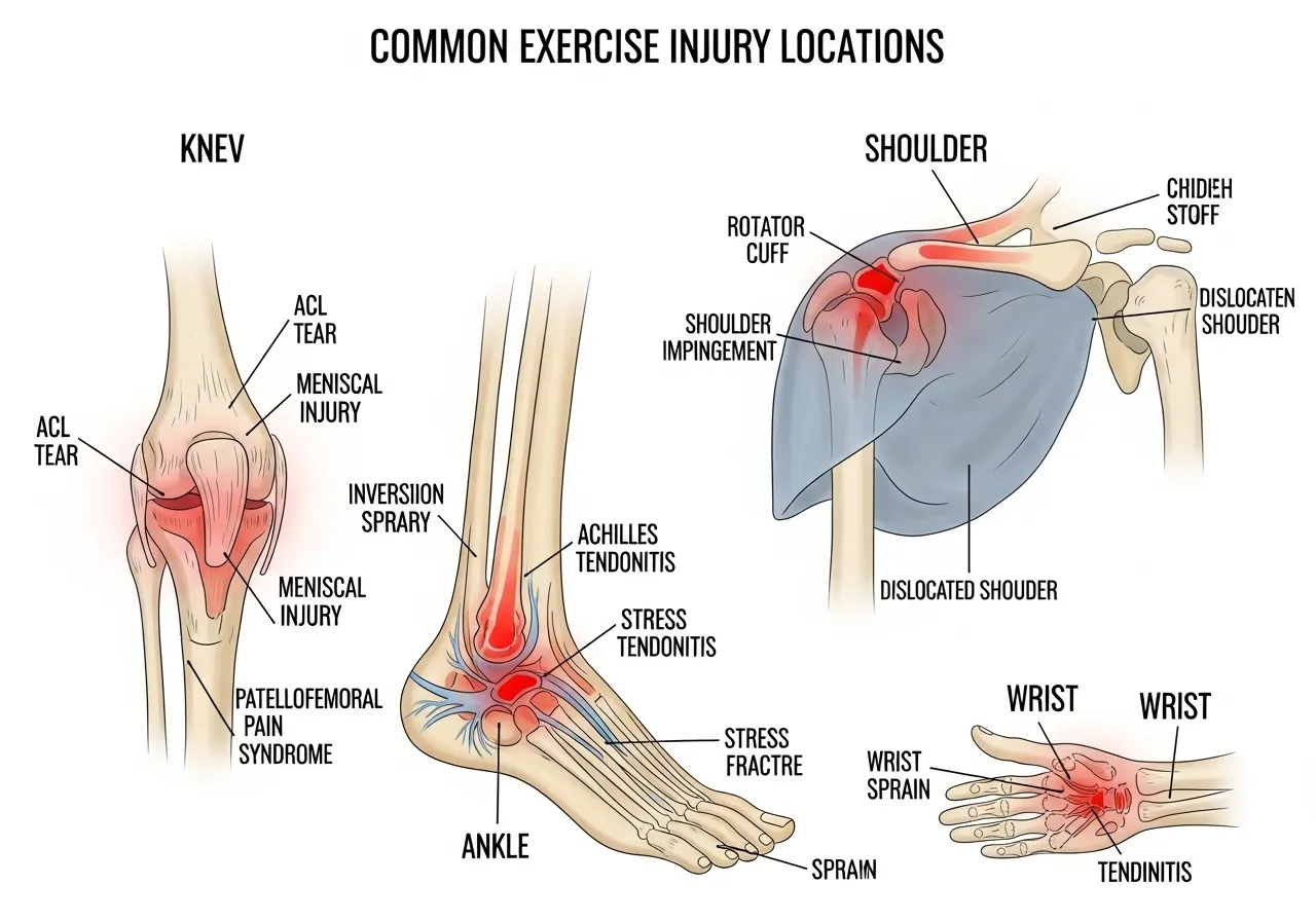 common exercise injury sites diagram showing knee shoulder and ankle