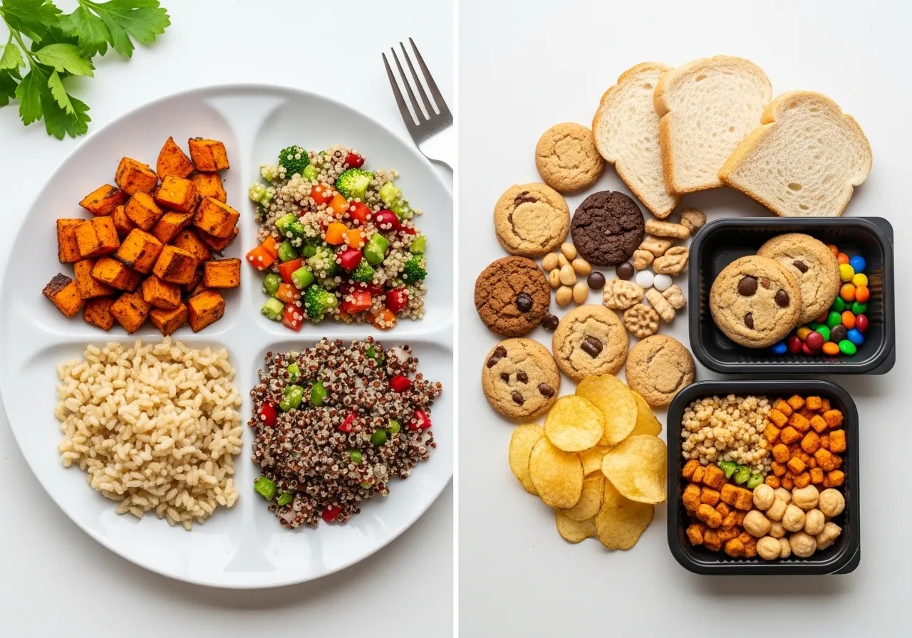 comparison plate showing high quality versus low quality evening carbohydrate food choices