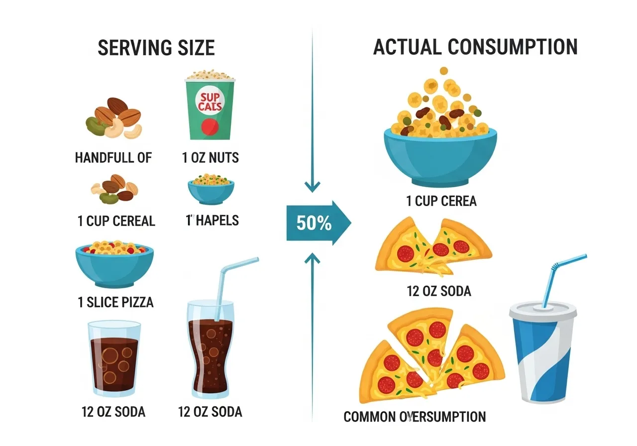 comparison showing serving size vs actual consumed portion infographic