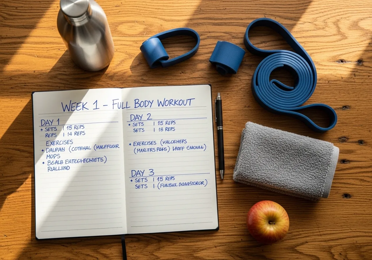 complete 3-day full body workout program laid out on paper with exercises