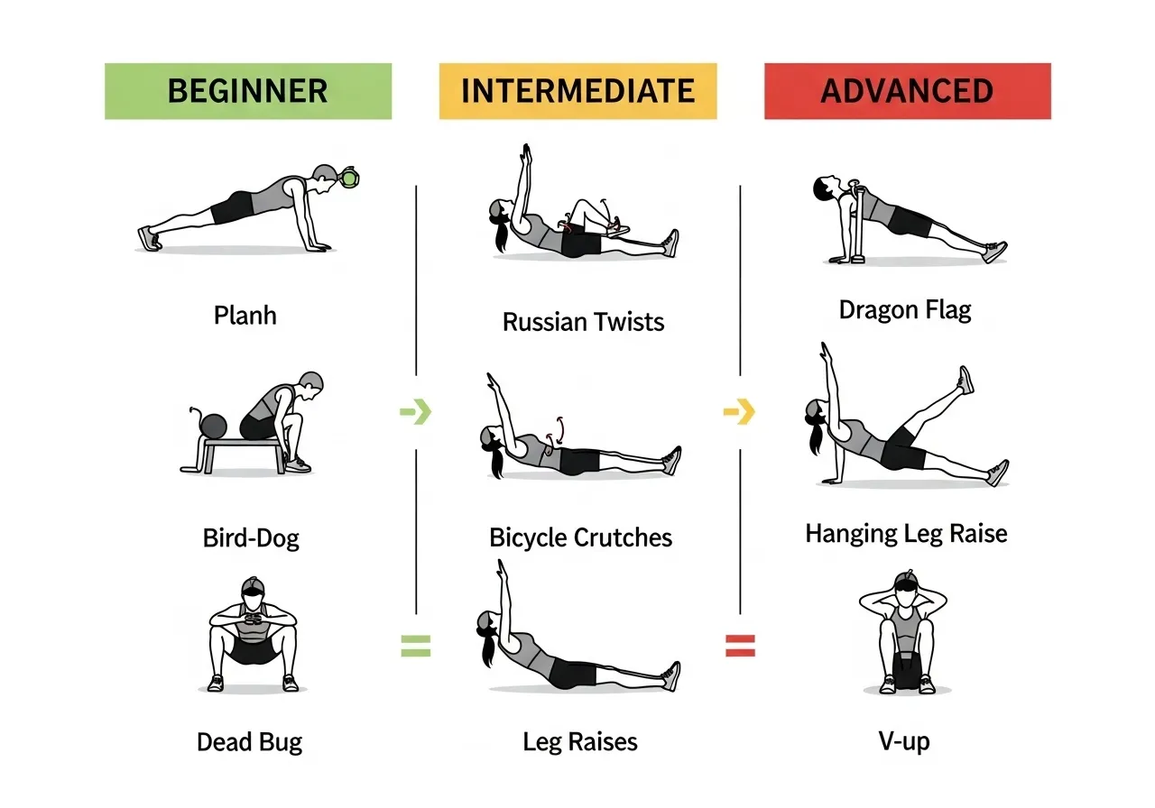 core exercise progression chart from beginner to advanced variations