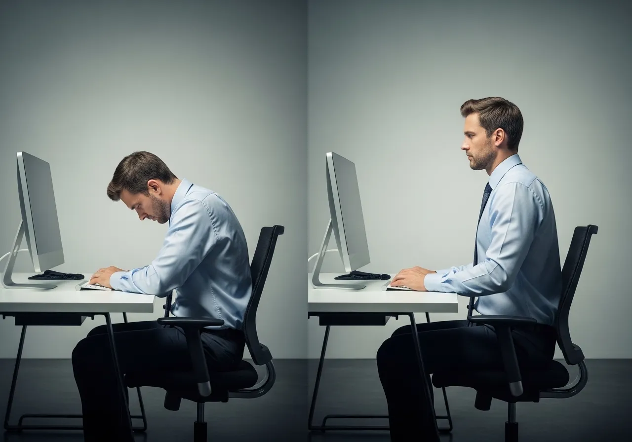 desk worker performing posture correction exercises showing thoracic extension and shoulder mobility work, professional fitness photography