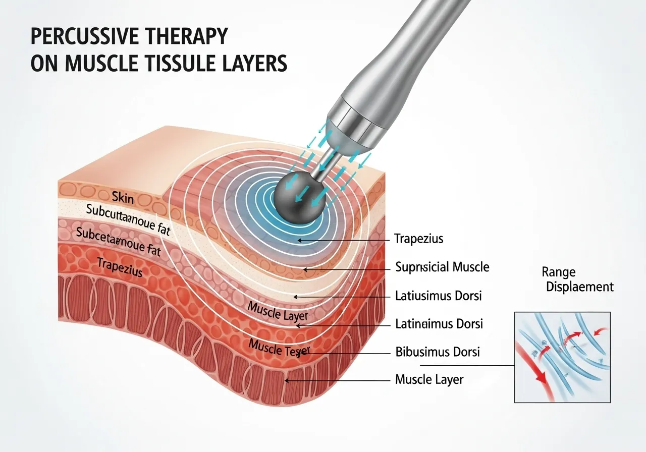 diagram showing massage gun percussive therapy mechanism in muscle tissue