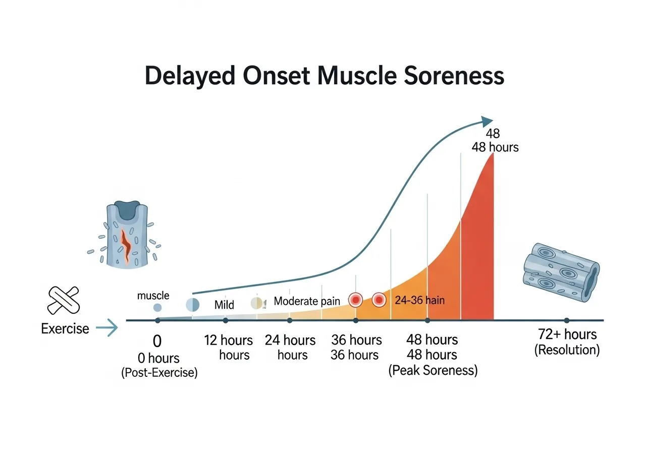 diagram showing timeline of DOMS from 0 to 72 hours with peak soreness at 48 hours