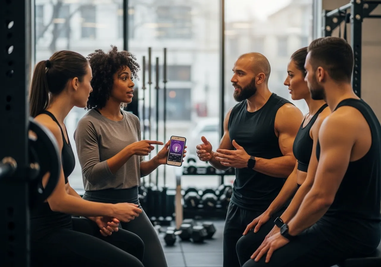 diverse group of athletes at gym discussing fitness podcast episode they all listened to