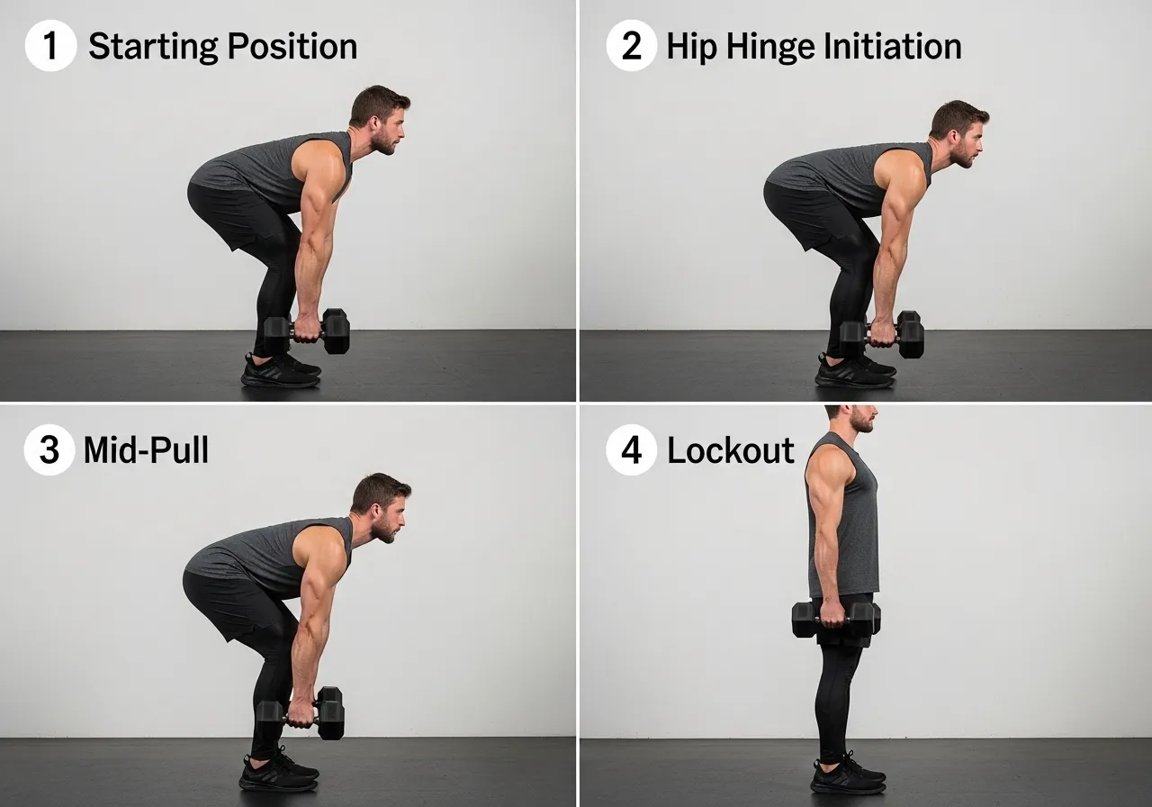 dumbbell deadlift setup hip hinge execution steps breathing technique