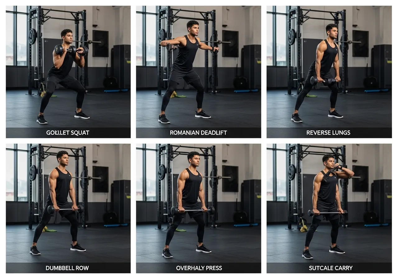 dumbbell exercises technique goblet squat RDL reverse lunge row overhead press