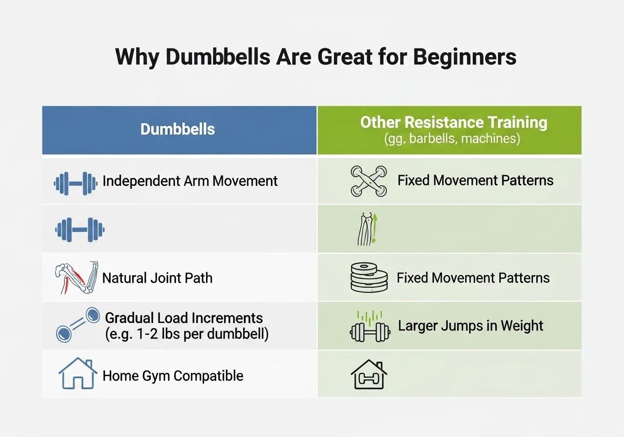 dumbbells beginner advantages independent movement natural path increments