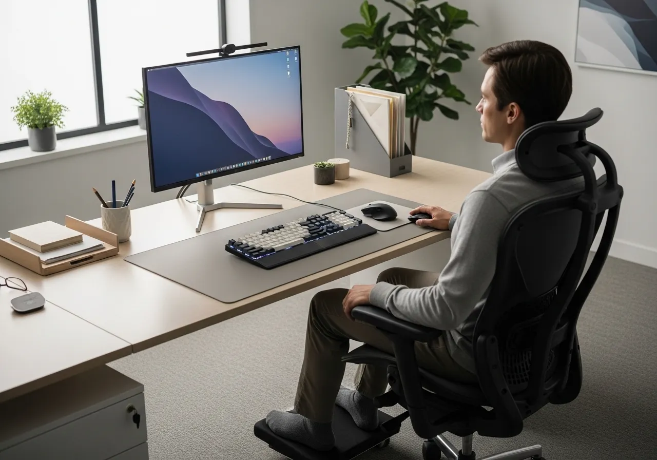 ergonomic workstation setup showing correct monitor height and keyboard position for posture