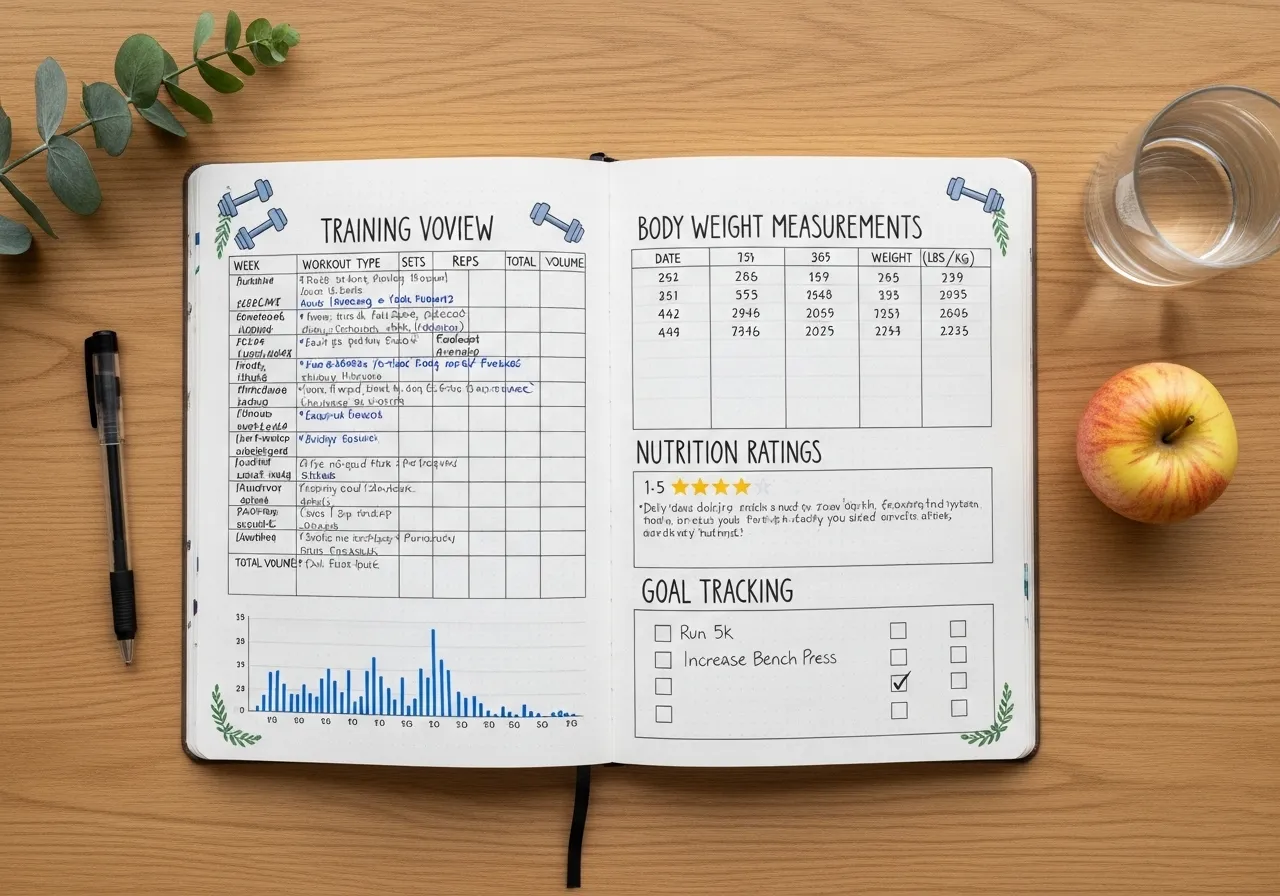 fitness journal monthly review spread showing training data nutrition and body composition progress