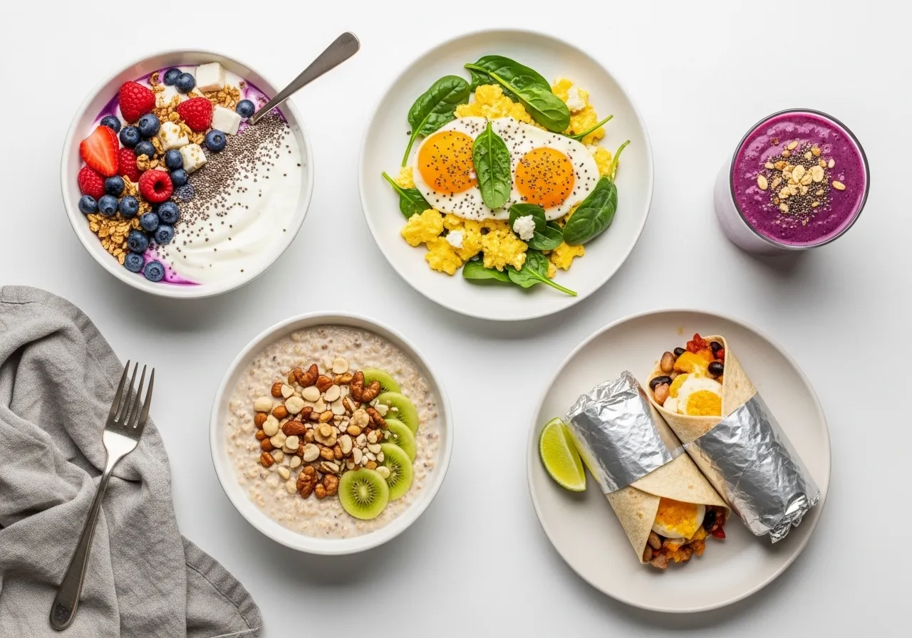 five high-protein breakfast options displayed as flat lay food photography