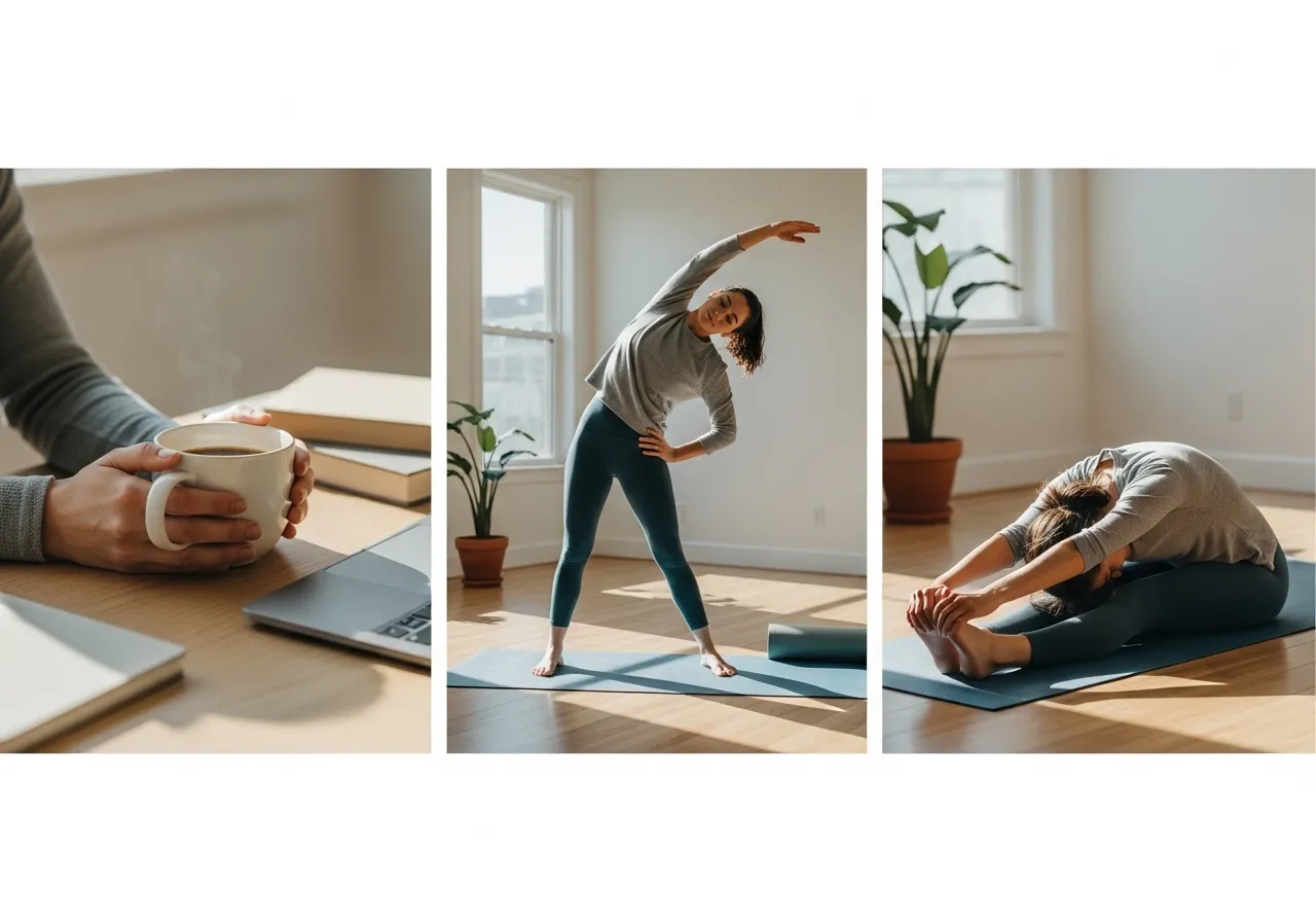 flat lay or collage showing five fitness habit elements: yoga mat protein food pedometer alarm clock and walking shoes, daily habit stack concept, clean professional photography