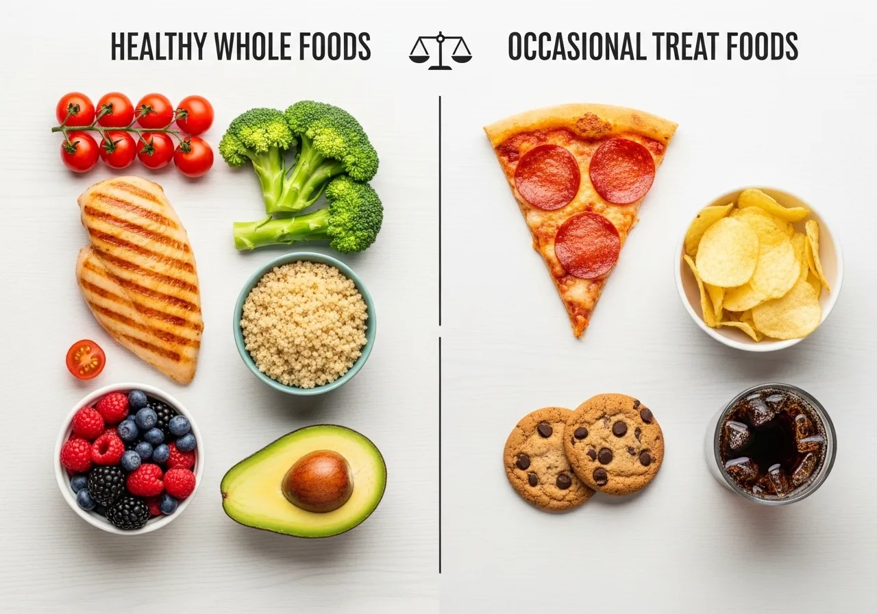 flexible dieting showing both healthy foods and occasional treats