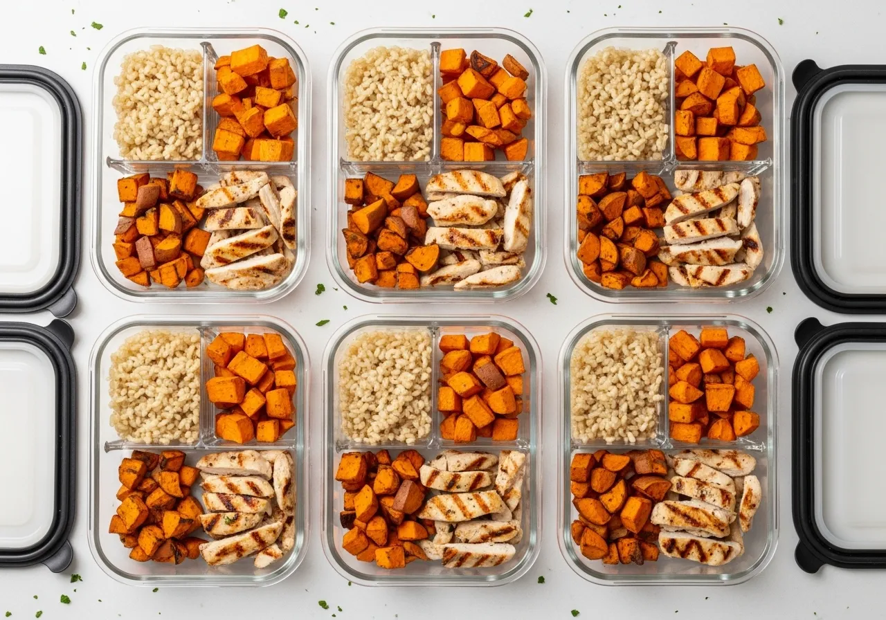 food preparation showing batch cooking grains and proteins for weekly evening meals