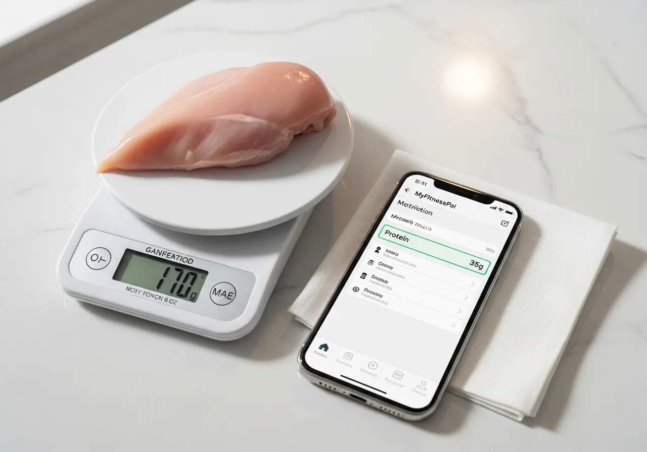 food scale and protein tracking showing accurate nutrition measurement for fitness results