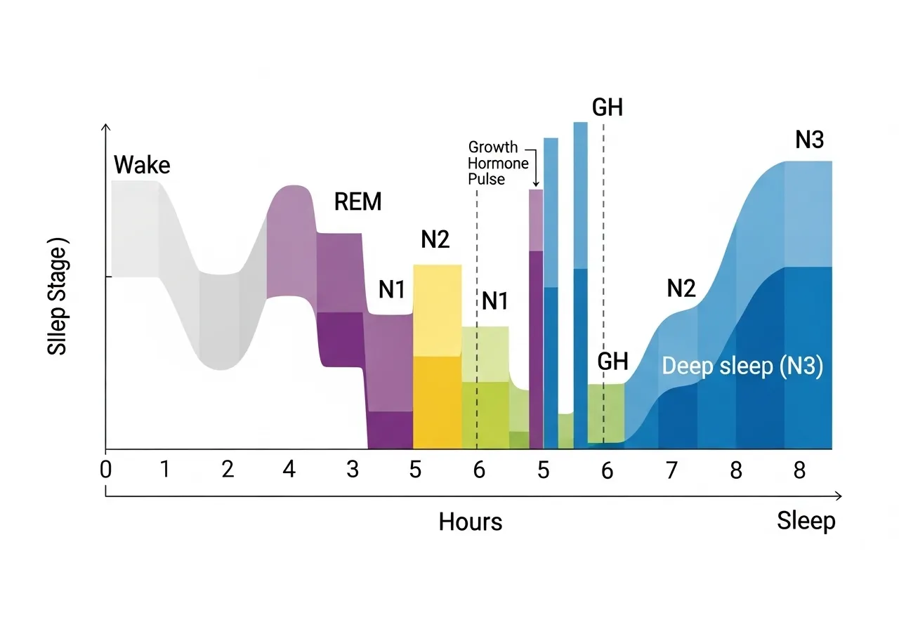 graph showing growth hormone secretion peaking during deep slow wave sleep stages