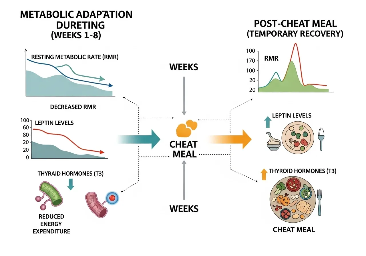 graph showing leptin response during caloric restriction and temporary increase after cheat meal