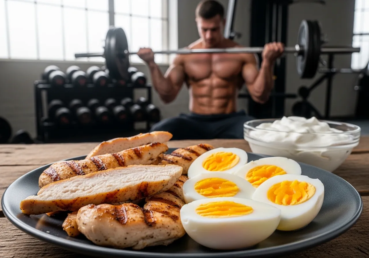 grilled chicken eggs and Greek yogurt as high-protein muscle building foods