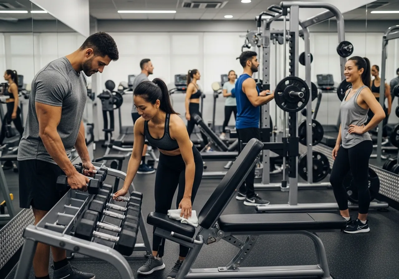 gym etiquette rules showing proper workout behavior and equipment sharing in fitness center, professional fitness photography