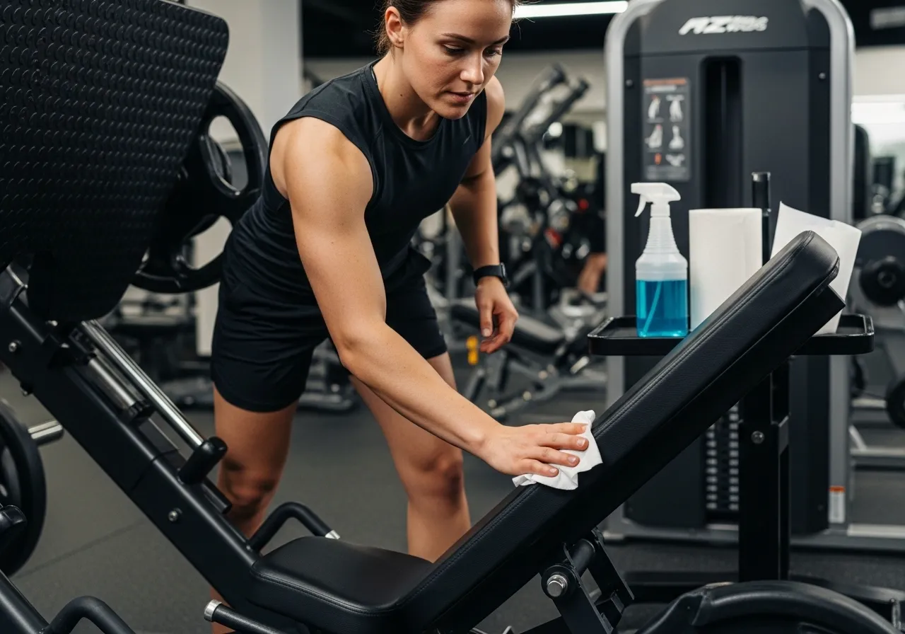 gym members showing good etiquette re-racking weights and sharing equipment respectfully, professional fitness photography