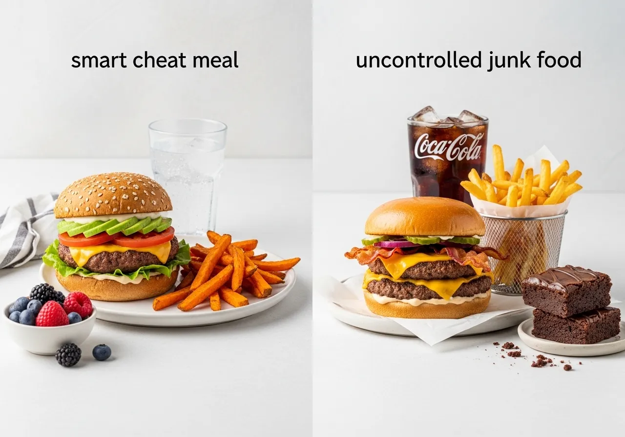 healthy cheat meal food options like gourmet burger versus junk food showing smart cheat meal choices