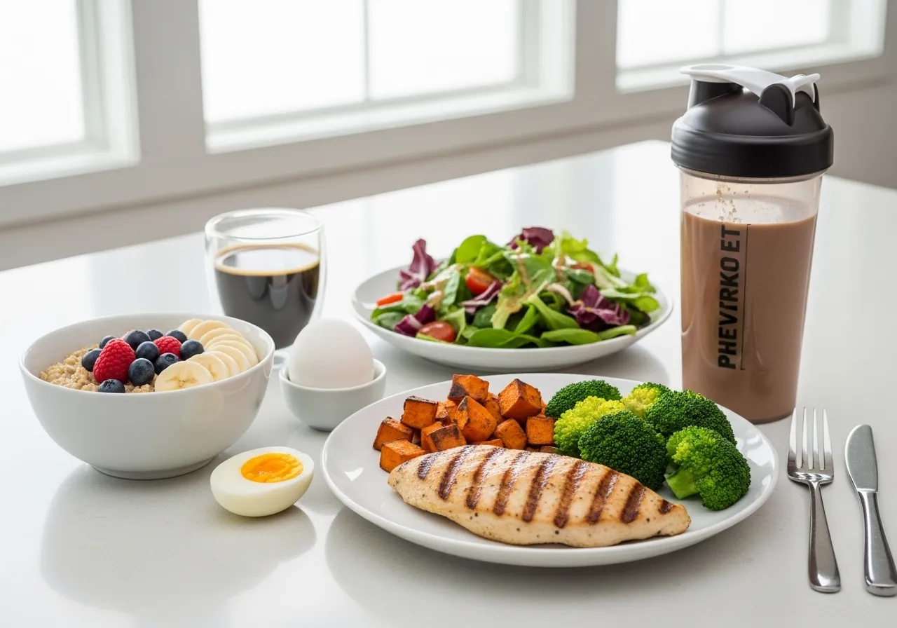 healthy pre-workout and post-workout meals laid out on clean kitchen counter