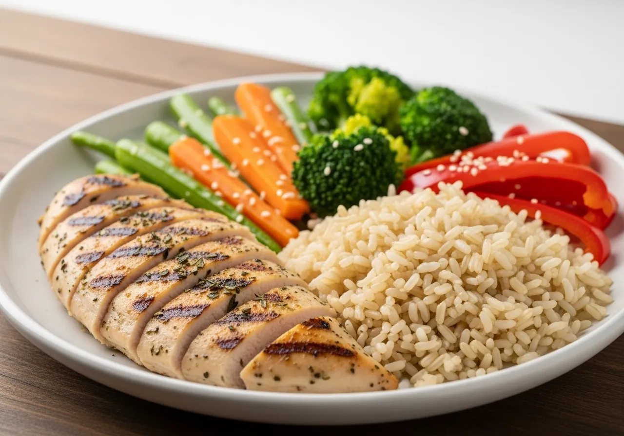 healthy pre-workout meal with protein carbs and vegetables for gym training