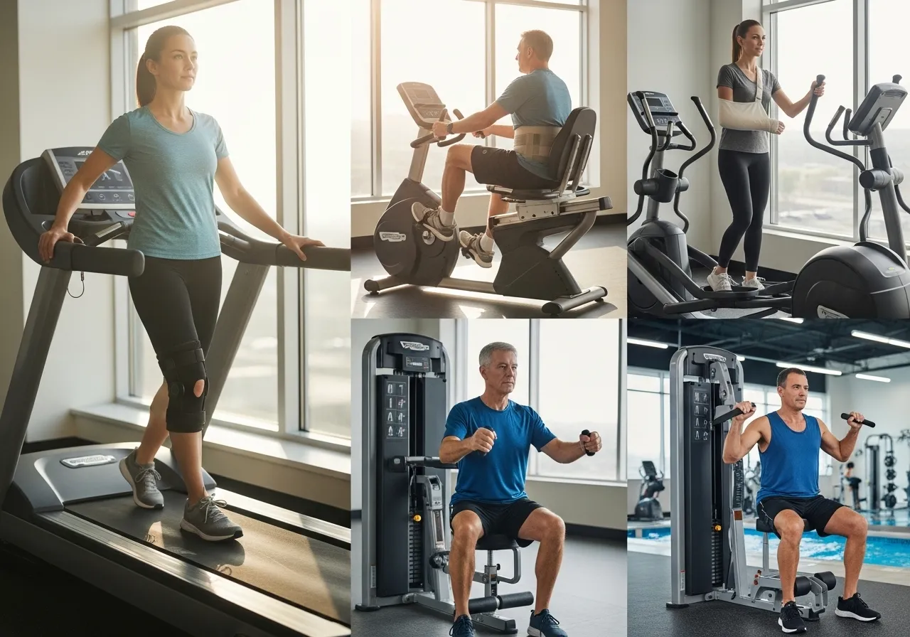 how to modify specific exercises around common injuries, professional fitness photography, natural gym lighting, high-detail, sharp focus, photorealistic, authentic and motivating atmosphere