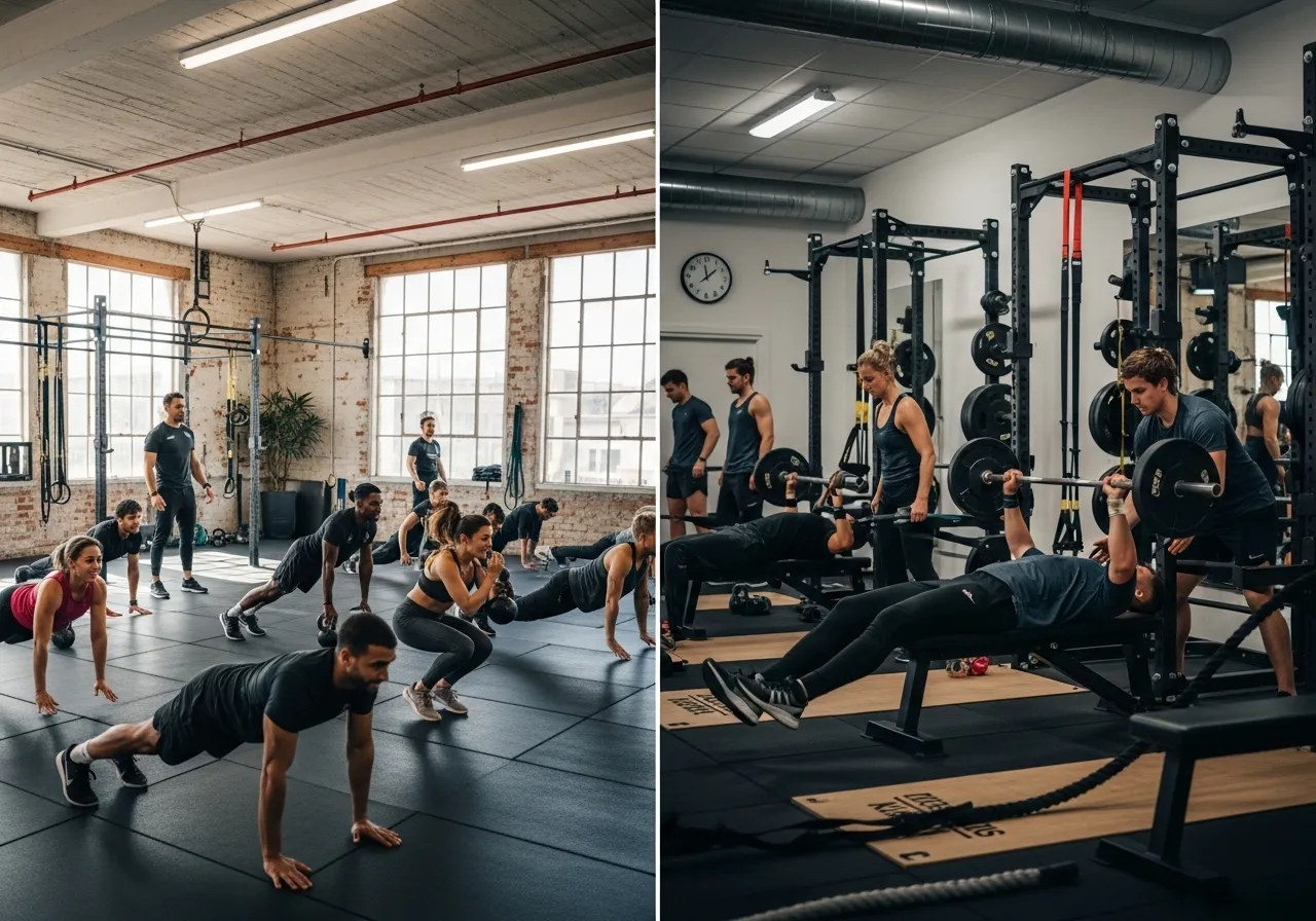 hybrid training approach and frequently asked questions trainer vs solo, professional fitness photography, natural gym lighting, high-detail, sharp focus, photorealistic, authentic and motivating atmosphere