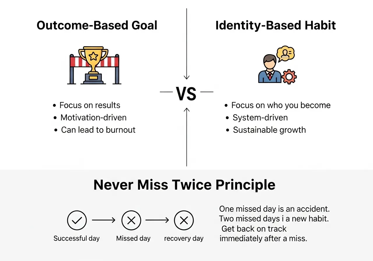 identity based habit never miss twice outcome goal versus identity shift