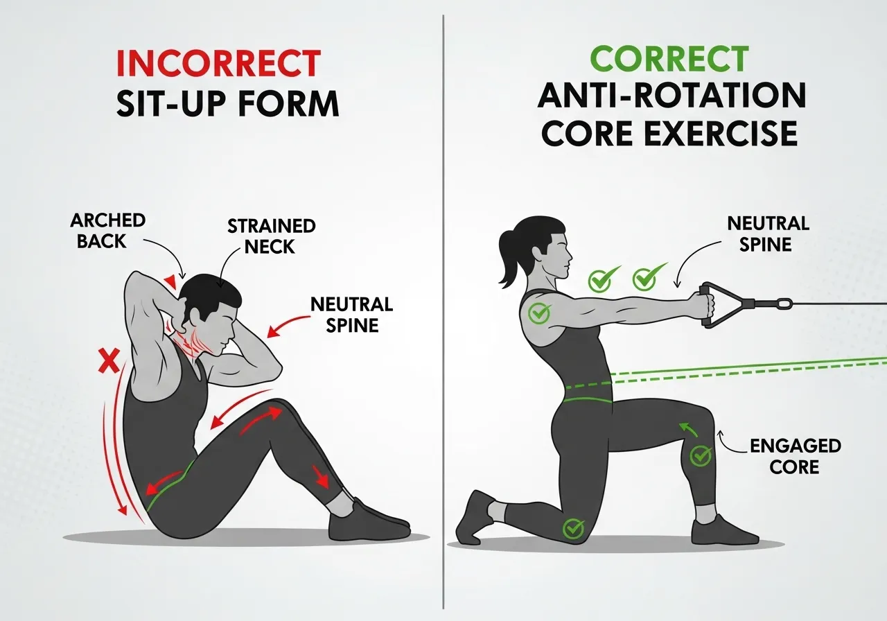 incorrect sit-up form versus correct anti-rotation core exercise comparison
