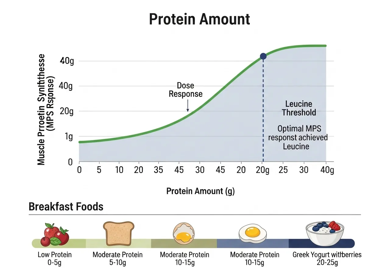 infographic showing leucine threshold for muscle protein synthesis with breakfast examples