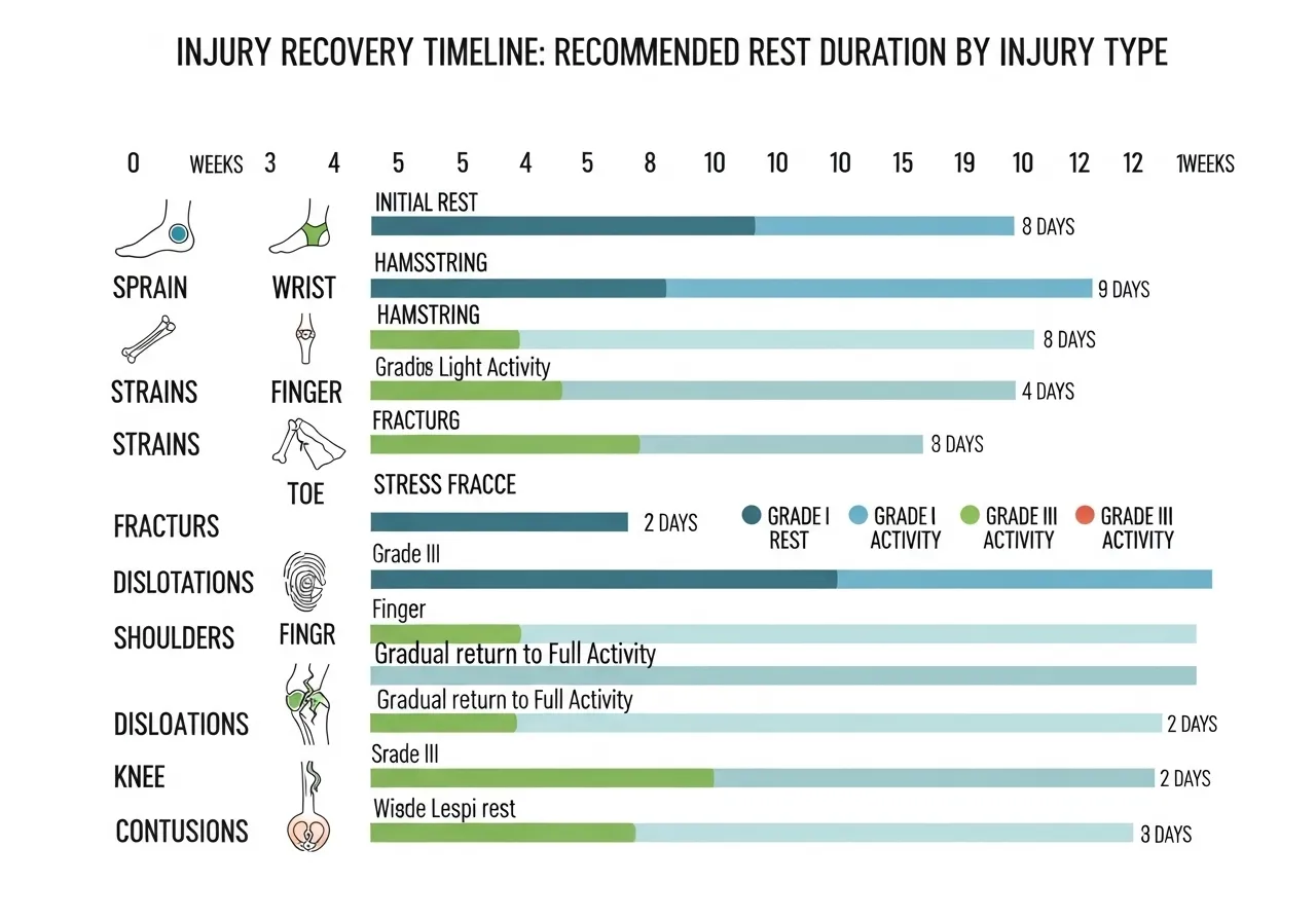 injury recovery timeline chart showing rest duration by injury type