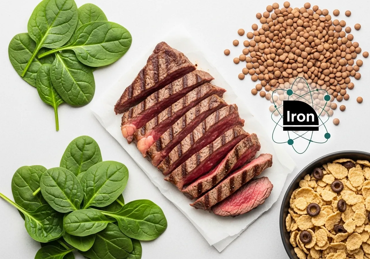 iron rich foods for athletes including beef spinach and lentils