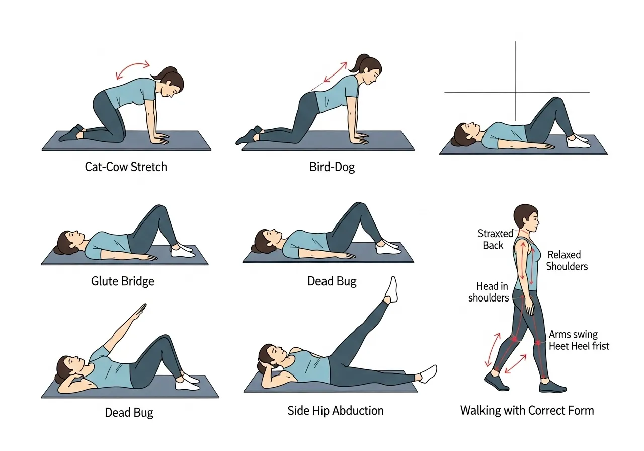 lower back pain exercise modifications rehabilitation bird dog dead bug glute bridge