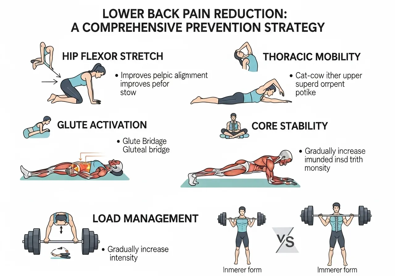 lower back pain prevention hip flexor thoracic glute core stability load management