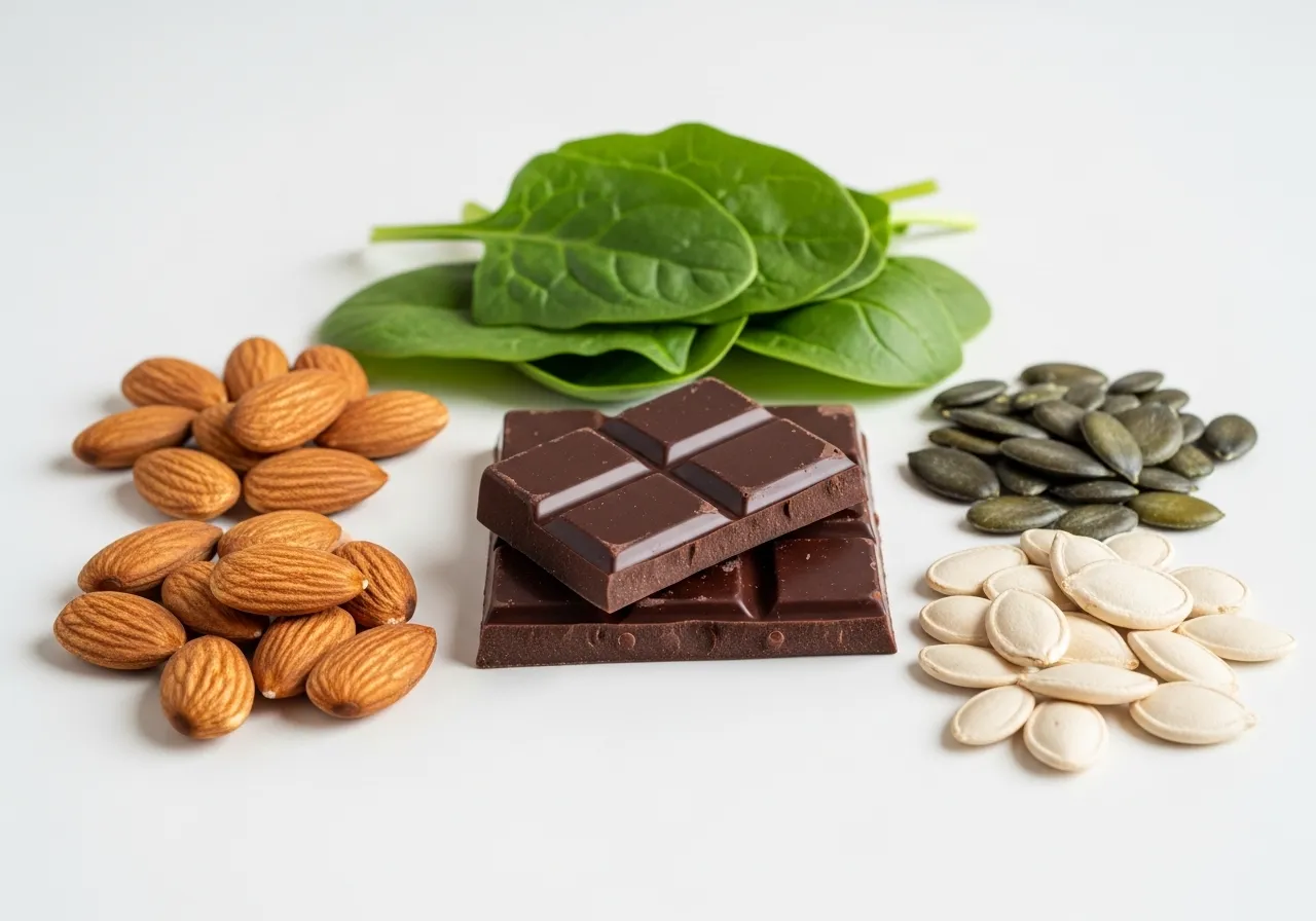 magnesium-rich foods for athlete recovery including dark chocolate nuts and spinach