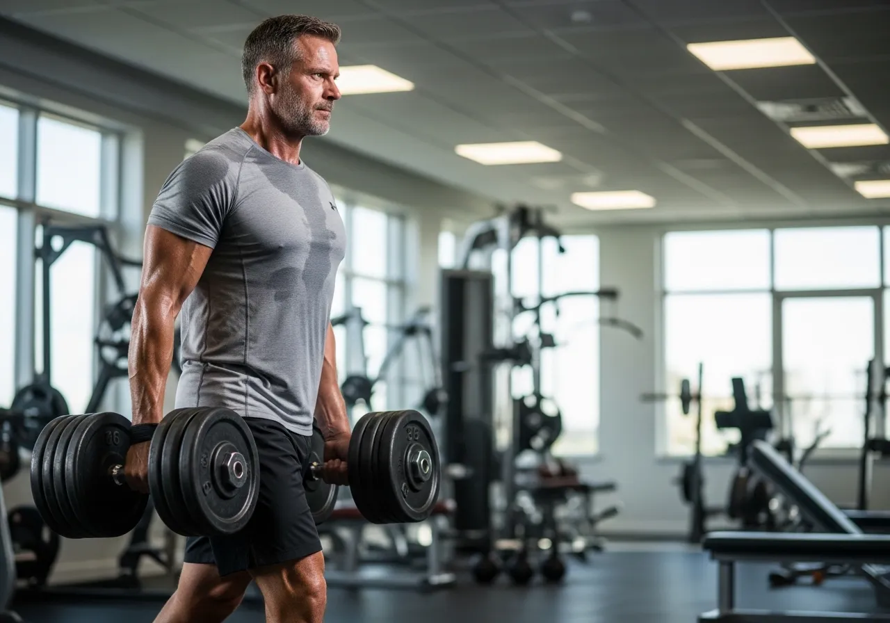man performing Turkish get-up with kettlebell showing full body mobility and stability exercise for men over 40, professional fitness photography