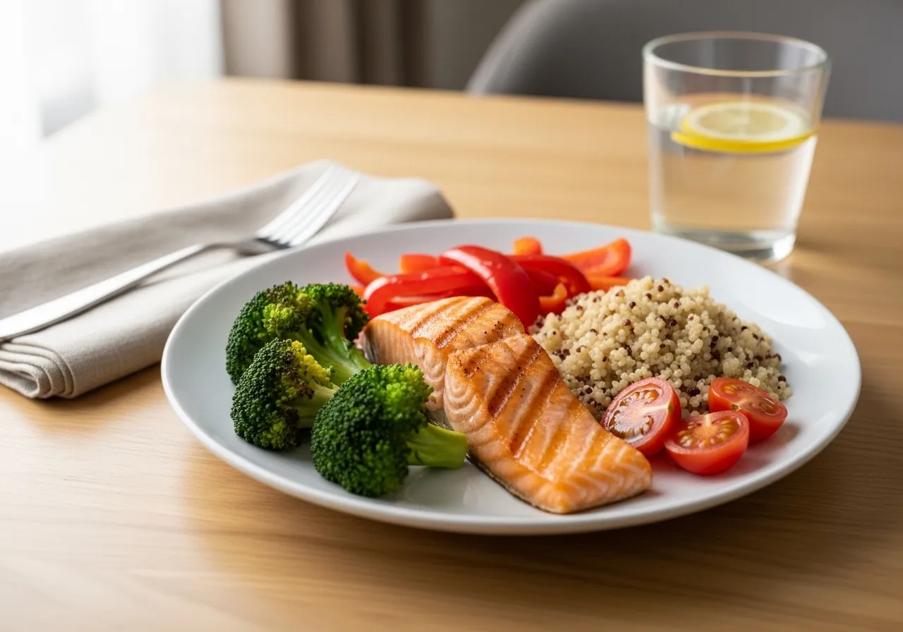 mindful healthy eating at home showing balanced plate with protein vegetables and grains